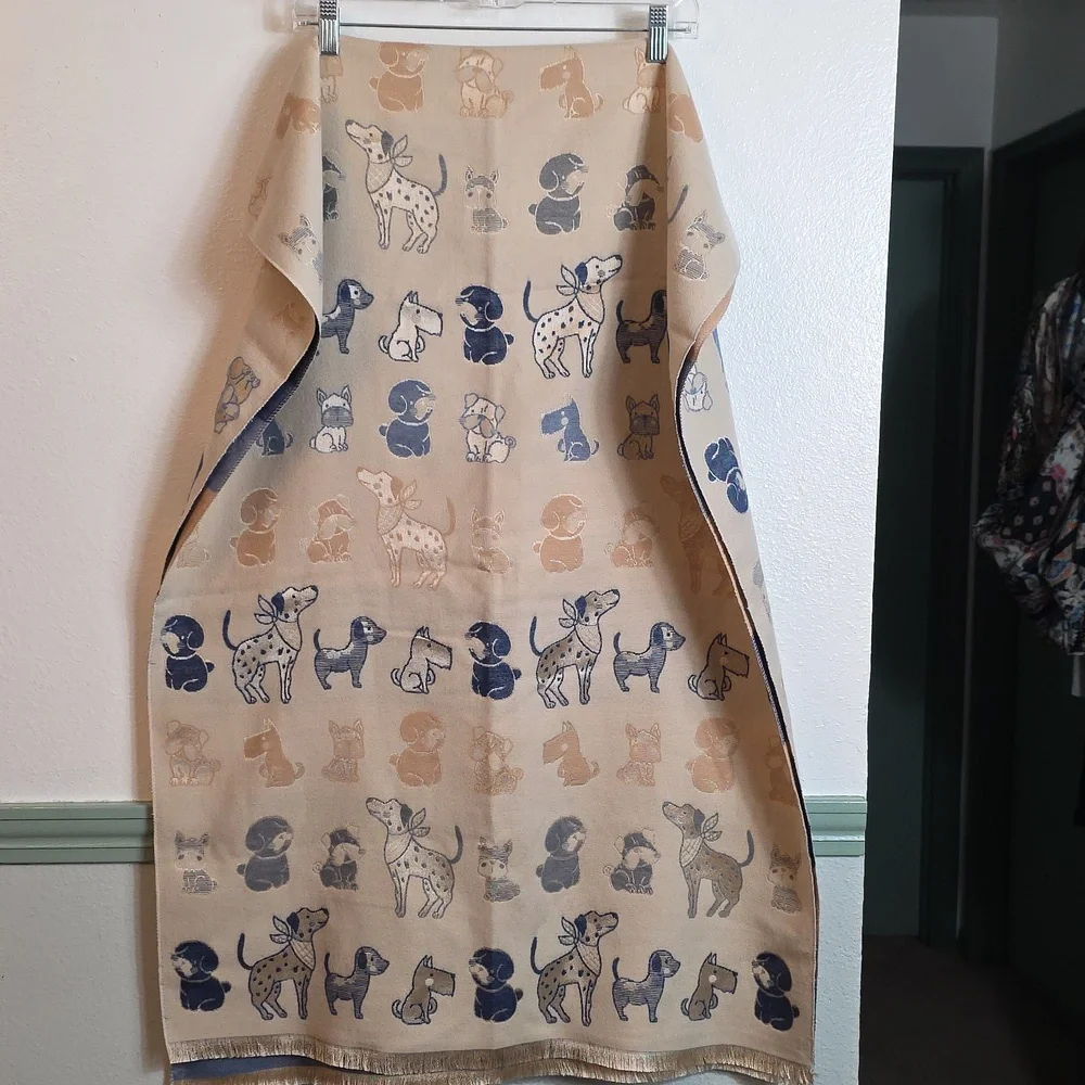 Dog Lover Gift Women's Blue and Tan Embroidered Puppy Print Scarf